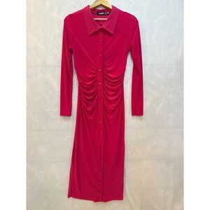 Missguided Pink Midi Dress Long Sleeve Ruched Button Down Shirt‎ UK 8 US 4